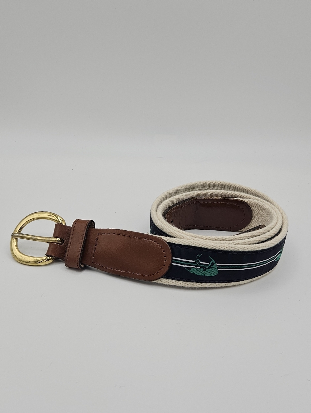 YRI Exeter ribbon belt white blue brown Cape Cod print